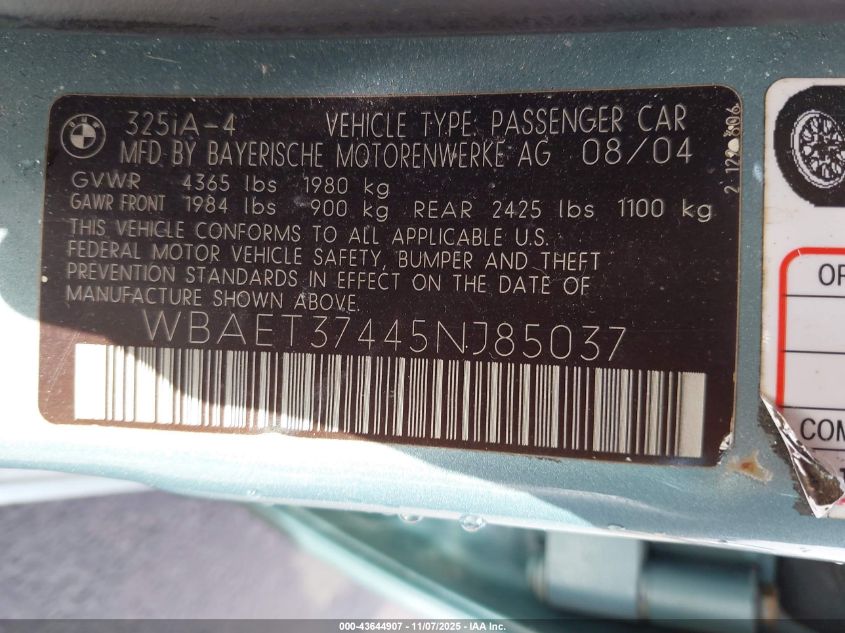 2005 BMW 325I VIN: WBAET37445NJ85037 Lot: 43644907