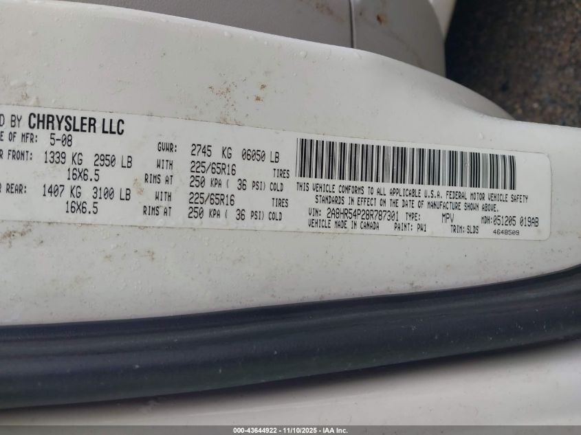 2008 Chrysler Town & Country Touring VIN: 2A8HR54P28R787301 Lot: 43644922