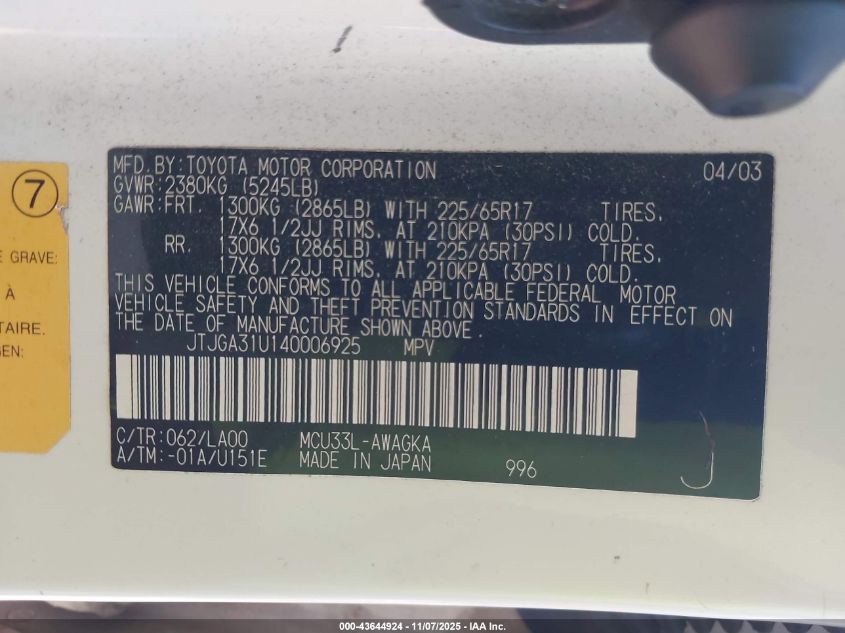 2004 Lexus Rx 330 VIN: JTJGA31U140006925 Lot: 43644924