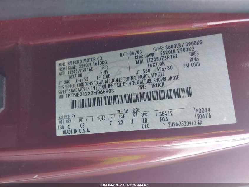 2003 Ford E-250 Commercial VIN: 1FTNE242X3HB66983 Lot: 43644928