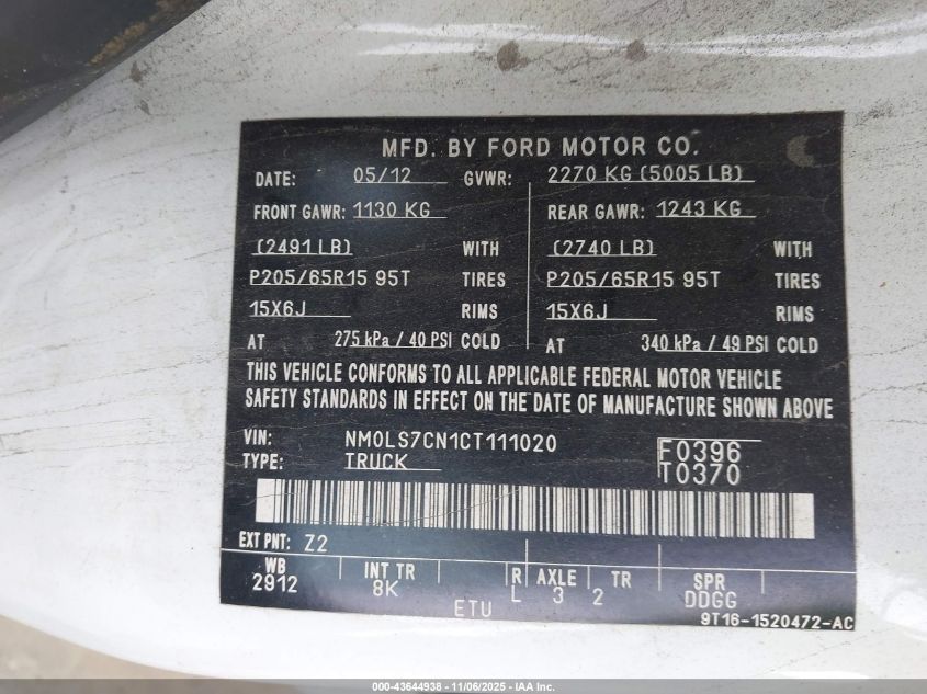 2012 Ford Transit Connect Xl VIN: NM0LS7CN1CT111020 Lot: 43644938