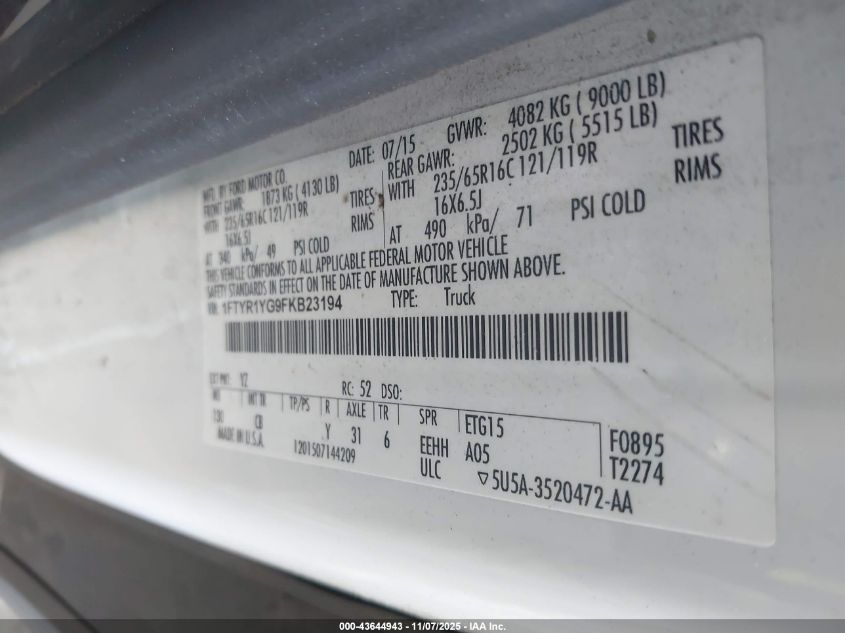 2015 Ford Transit-250 VIN: 1FTYR1YG9FKB23194 Lot: 43644943