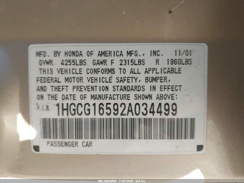 2002 Honda Accord 3.0 Ex VIN: 1HGCG16592A034499 Lot: 43644958