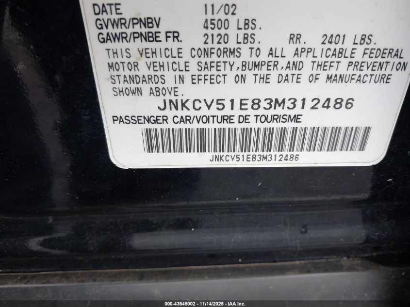 2003 Infiniti G35 Luxury Leather VIN: JNKCV51E83M312486 Lot: 43645002