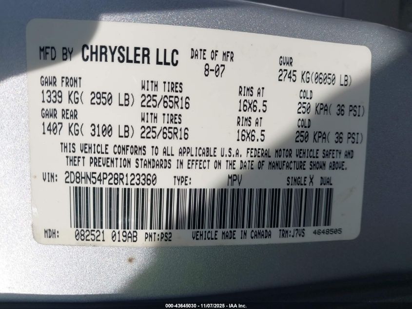 2008 Dodge Grand Caravan Sxt VIN: 2D8HN54P28R123360 Lot: 43645030