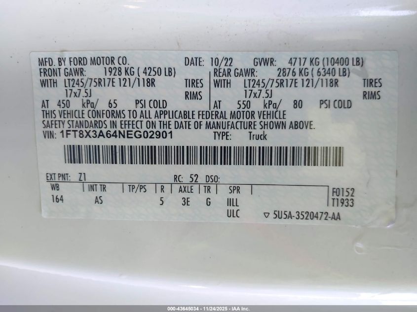 2022 Ford F-350 Xl VIN: 1FT8X3A64NEG02901 Lot: 43645034