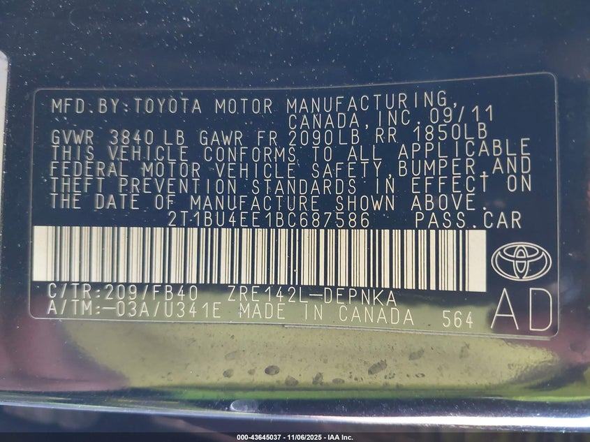 2T1BU4EE1BC687586 2011 TOYOTA COROLLA photo no. 9