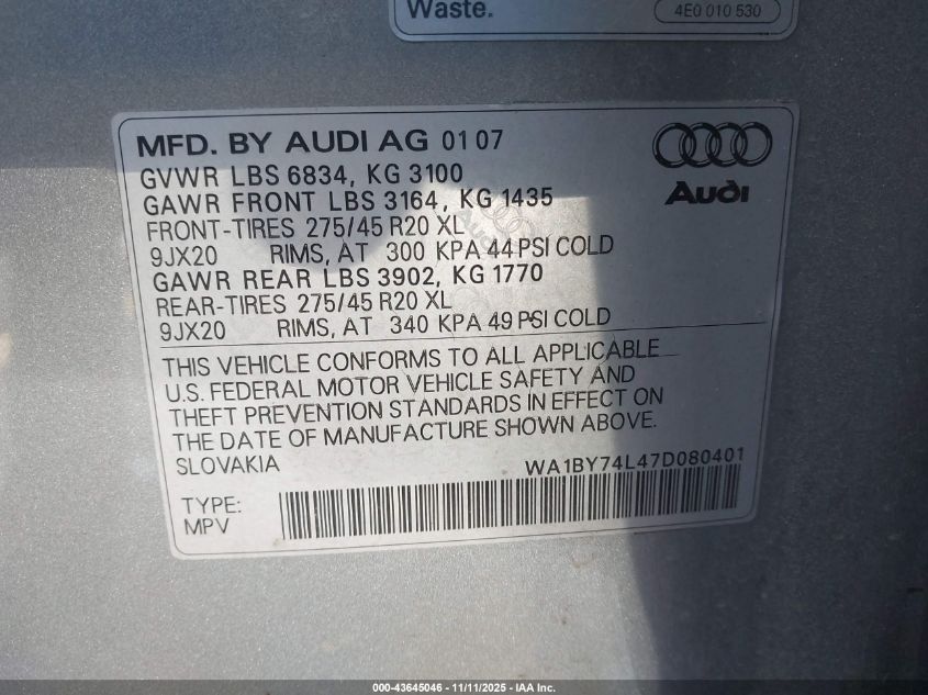 2007 Audi Q7 3.6 Premium VIN: WA1BY74L47D080401 Lot: 43645046