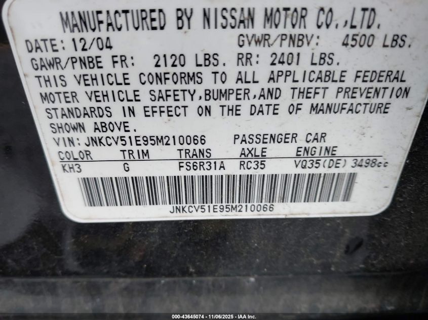 2005 Infiniti G35 VIN: JNKCV51E95M210066 Lot: 43645074