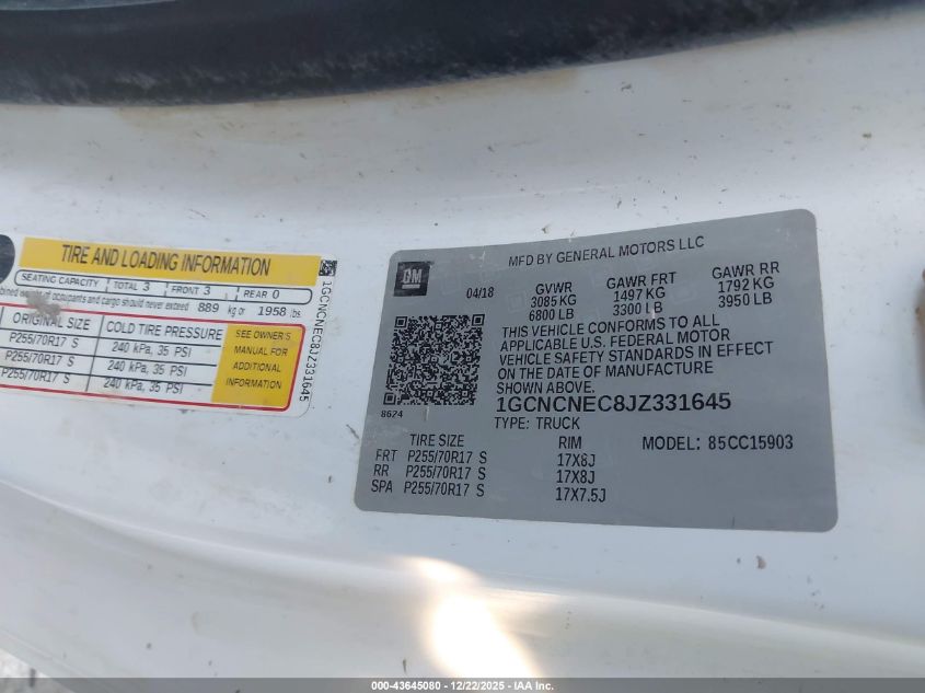 2018 Chevrolet Silverado 1500 Wt VIN: 1GCNCNEC8JZ331645 Lot: 43645080