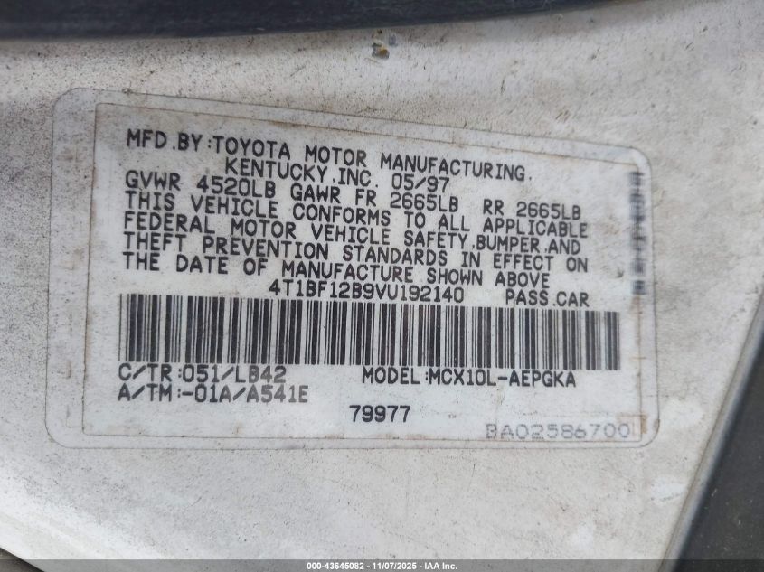 1997 Toyota Avalon Xls VIN: 4T1BF12B9VU192140 Lot: 43645082