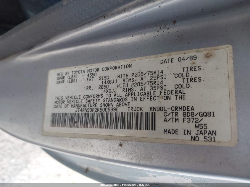 1989 Toyota Pickup 1/2 Ton Ex Lng Whlbse Dlx VIN: JT4RN93P2K5005390 Lot: 43645086