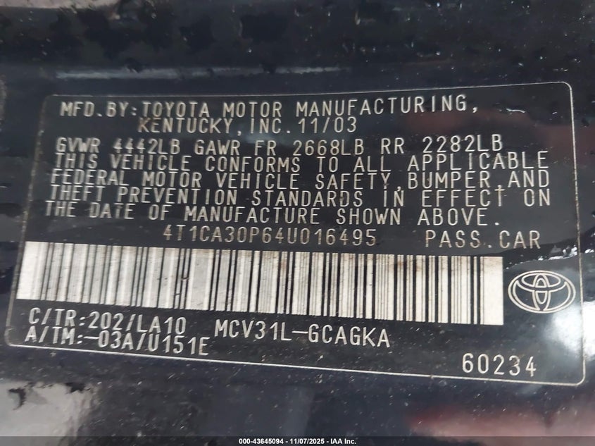 2004 Toyota Camry Solara Sle V6 VIN: 4T1CA30P64U016495 Lot: 43645094