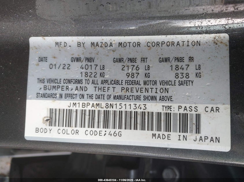 2022 Mazda Mazda3 Premium VIN: JM1BPAML8N1511343 Lot: 43645104