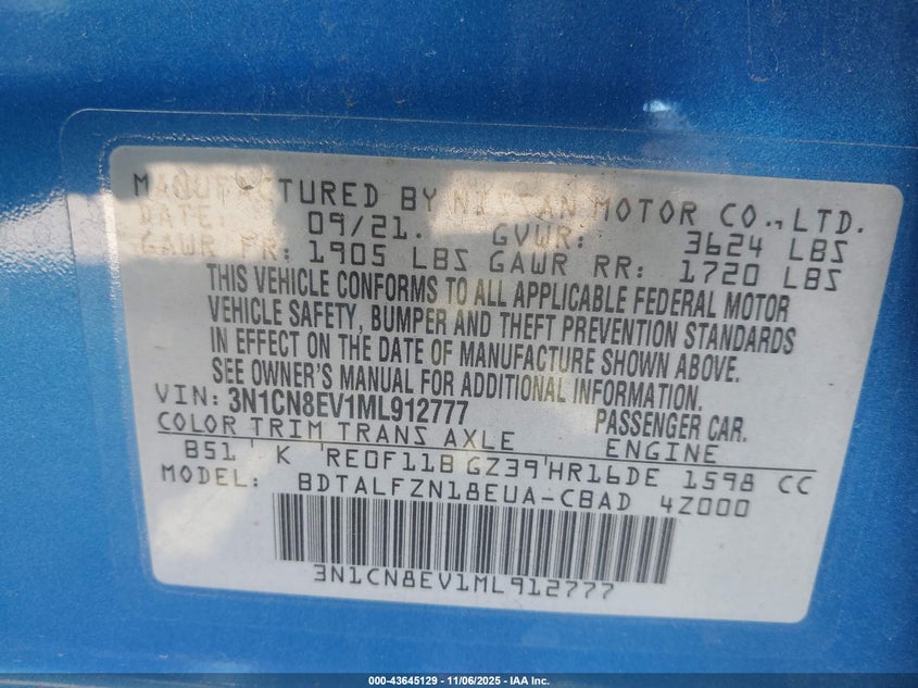 3N1CN8EV1ML912777 2021 NISSAN VERSA photo no. 9