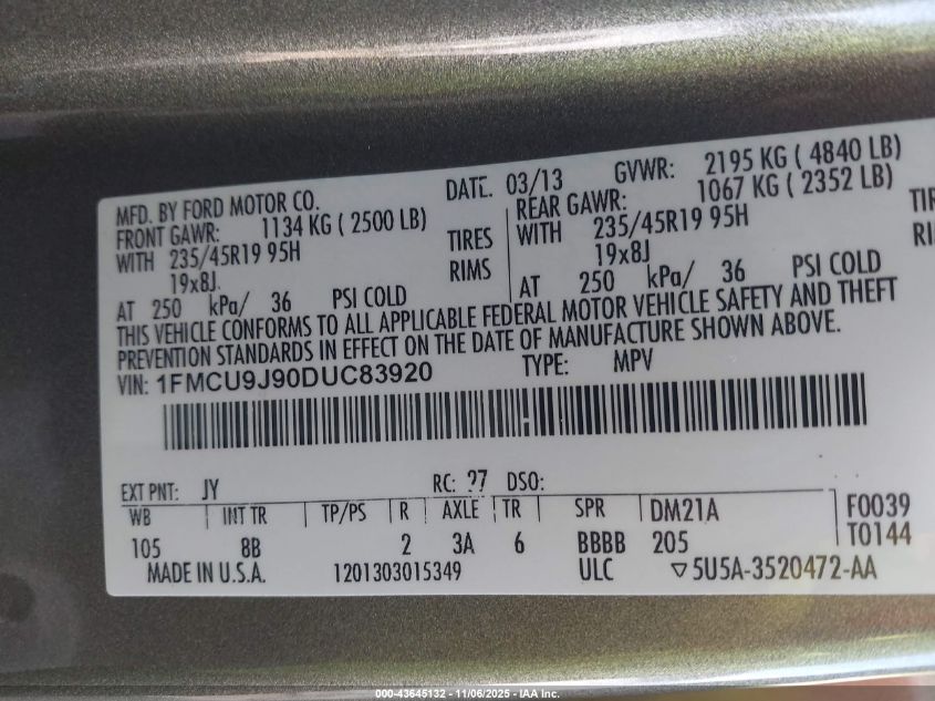 2013 Ford Escape Titanium VIN: 1FMCU9J90DUC83920 Lot: 43645132