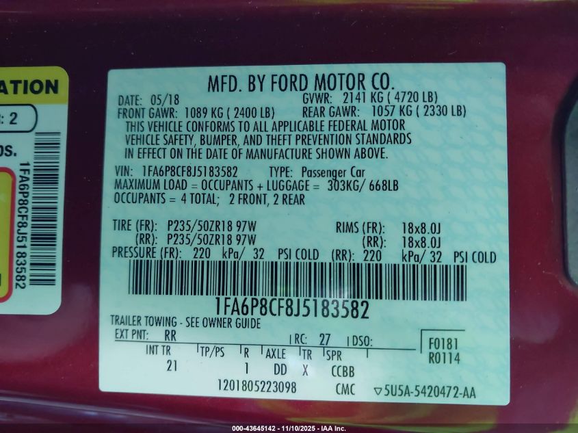 2018 Ford Mustang Gt VIN: 1FA6P8CF8J5183582 Lot: 43645142