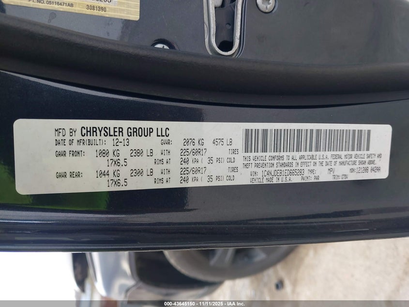 2014 Jeep Compass Latitude VIN: 1C4NJDEB1ED665283 Lot: 43645150