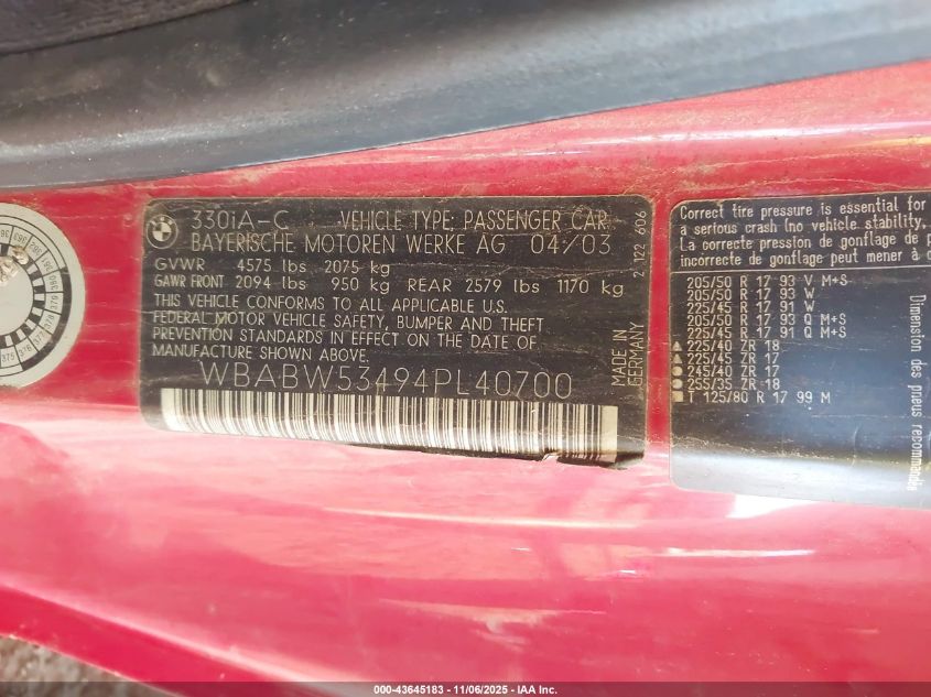 2004 BMW 330Ci VIN: WBABW53494PL40700 Lot: 43645183