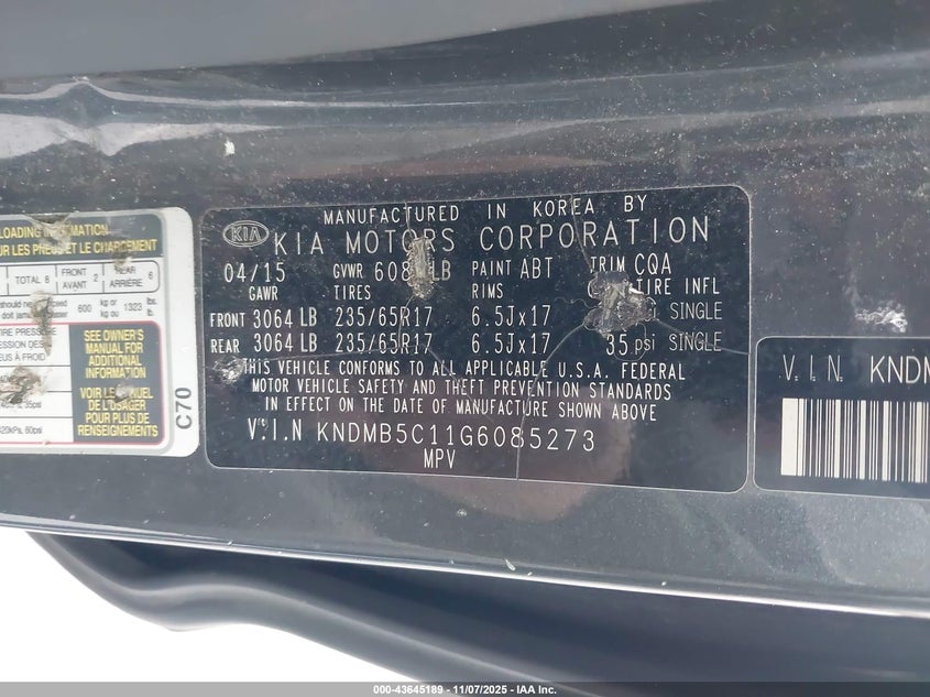 2016 Kia Sedona Lx VIN: KNDMB5C11G6085273 Lot: 43645189