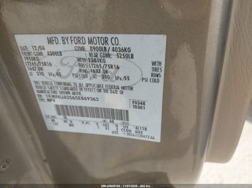 2005 Ford Excursion Limited VIN: 1FMNU43S65EB69363 Lot: 43645192