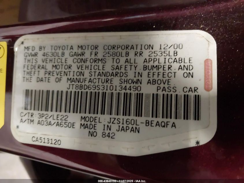 2001 Lexus Gs 300 VIN: JT8BD69S310134490 Lot: 43645193