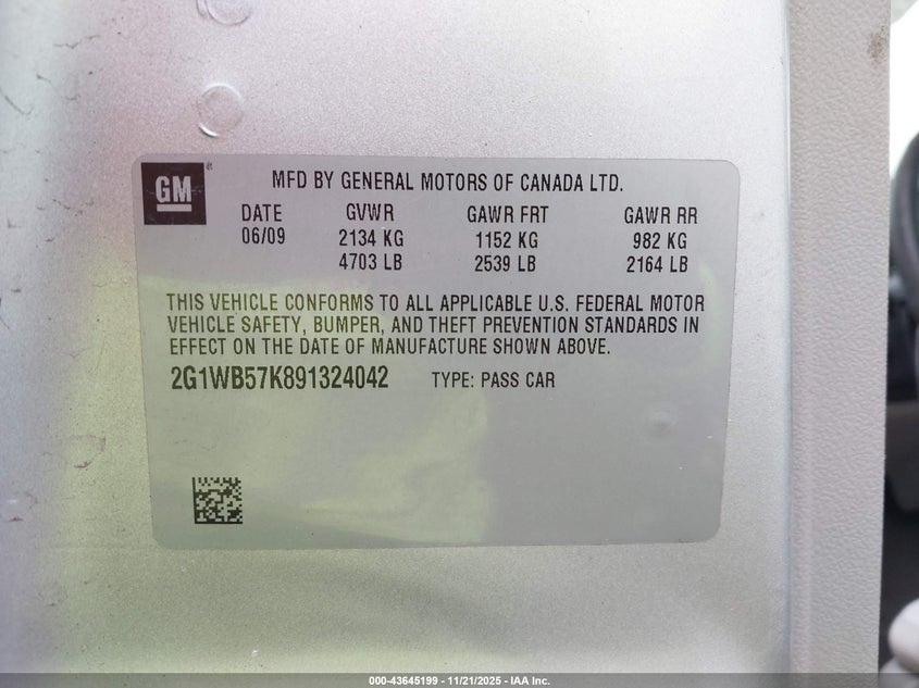 2009 Chevrolet Impala Ls VIN: 2G1WB57K891324042 Lot: 43645199