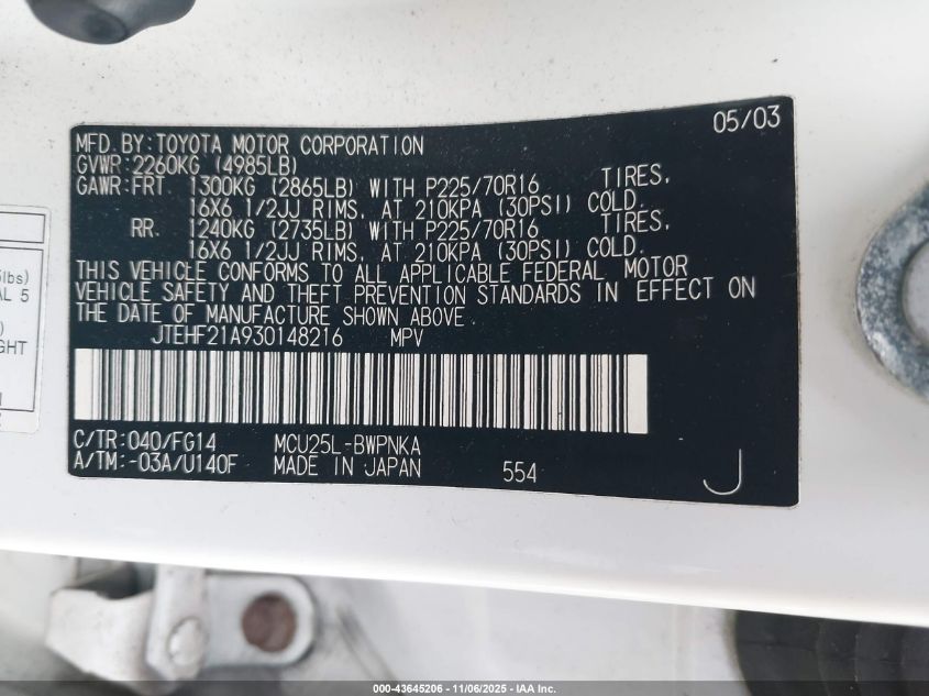 2003 Toyota Highlander V6 VIN: JTEHF21A930148216 Lot: 43645206