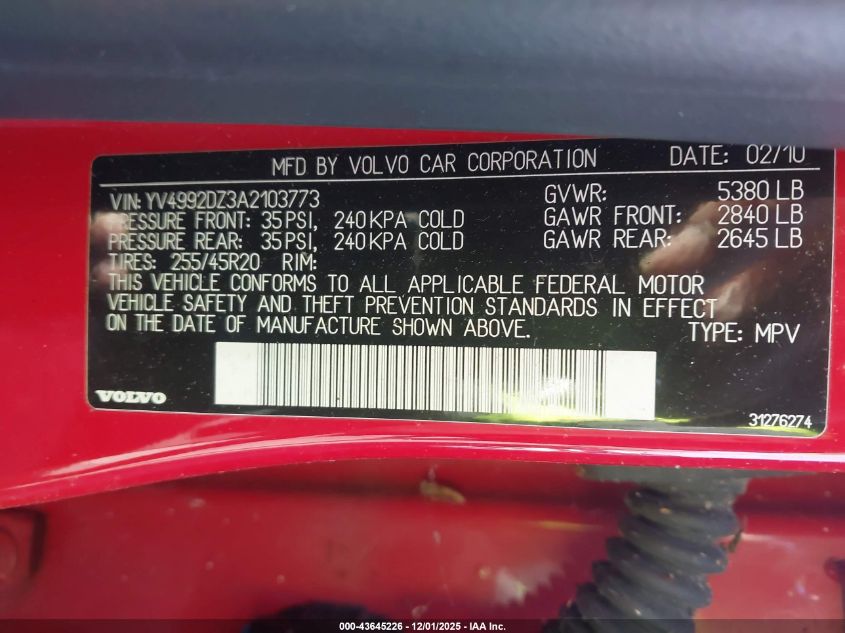 2010 Volvo Xc60 T6/T6 R-Design VIN: YV4992DZ3A2103773 Lot: 43645226