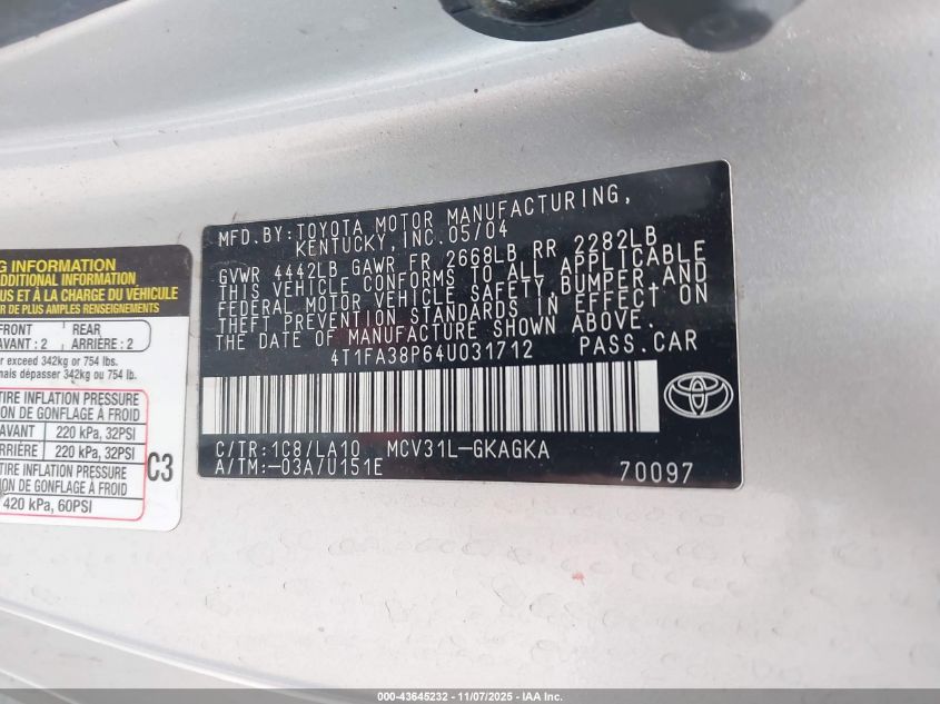 2004 Toyota Camry Solara Sle VIN: 4T1FA38P64U031712 Lot: 43645232