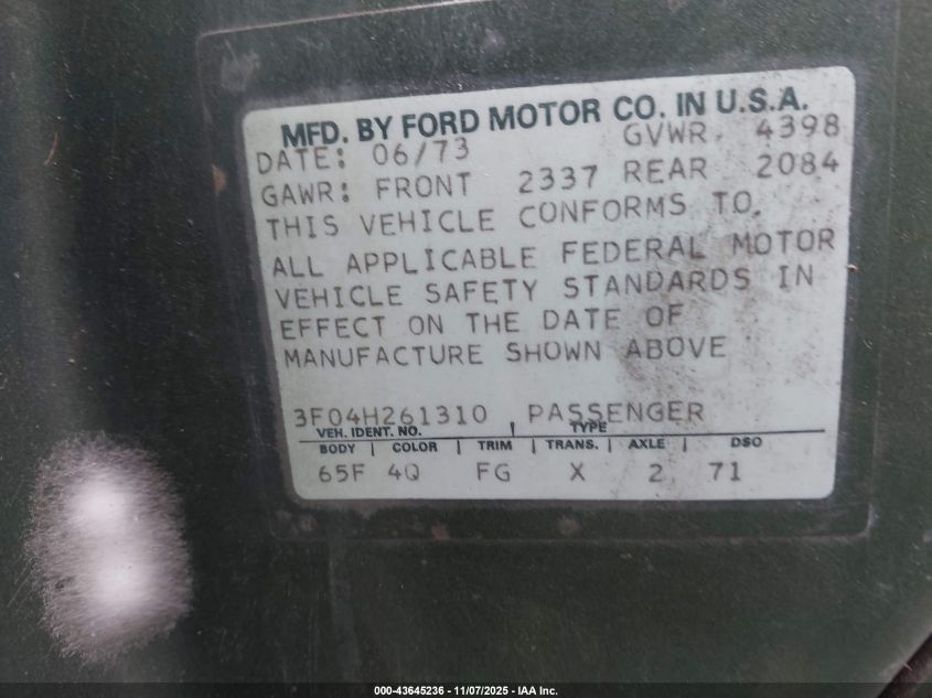 1973 Ford Mustang VIN: 3F04H261310 Lot: 43645236