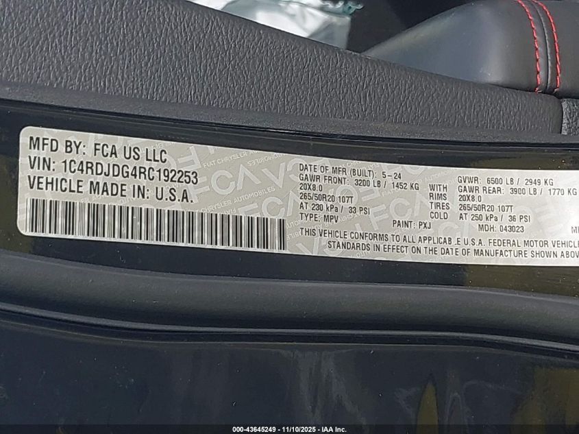 2024 Dodge Durango Gt Plus Awd VIN: 1C4RDJDG4RC192253 Lot: 43645249