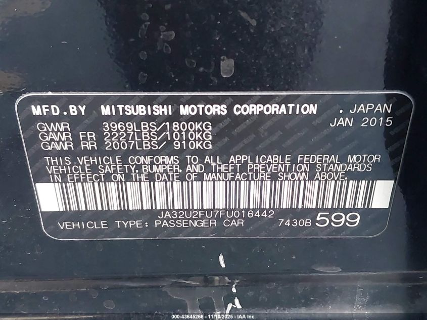 2015 Mitsubishi Lancer Es VIN: JA32U2FU7FU016442 Lot: 43645266