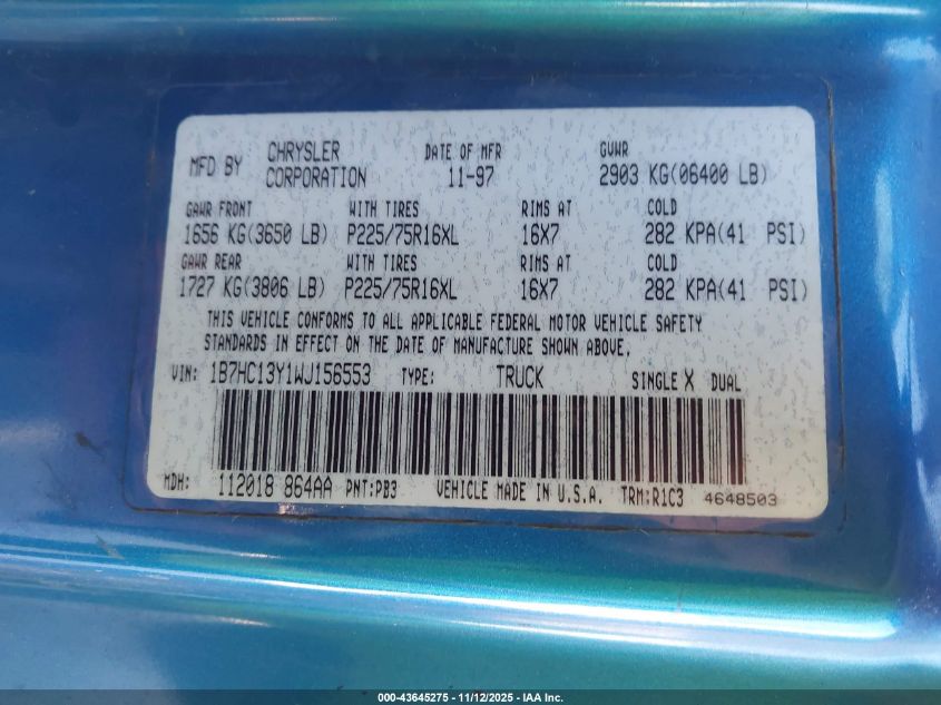 2000 Dodge Ram 2500 St VIN: 1B7KF2362YJ185368 Lot: 43645275