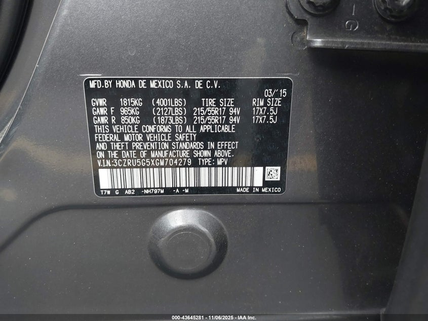 2016 HONDA HR-V EX - 3CZRU5G5XGM704279