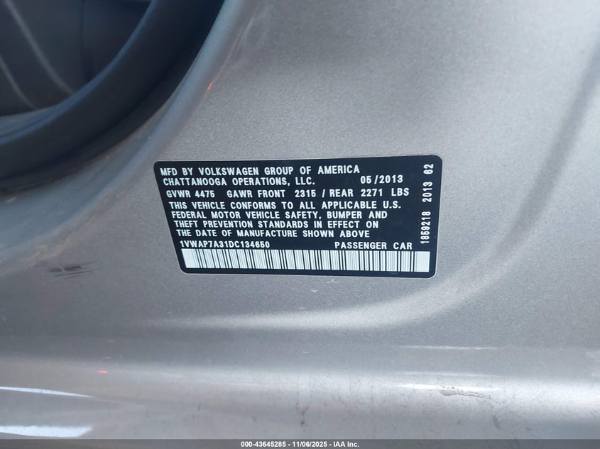 2013 VOLKSWAGEN PASSAT 2.5L S - 1VWAP7A31DC134650