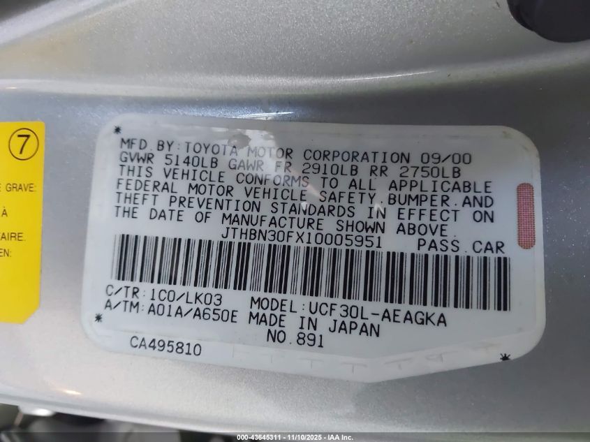 2001 Lexus Ls 430 VIN: JTHBN30FX10005951 Lot: 43645311