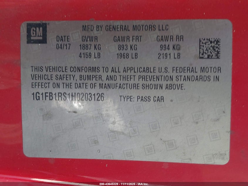 2017 Chevrolet Camaro 1Lt VIN: 1G1FB1RS1H0203126 Lot: 43645328