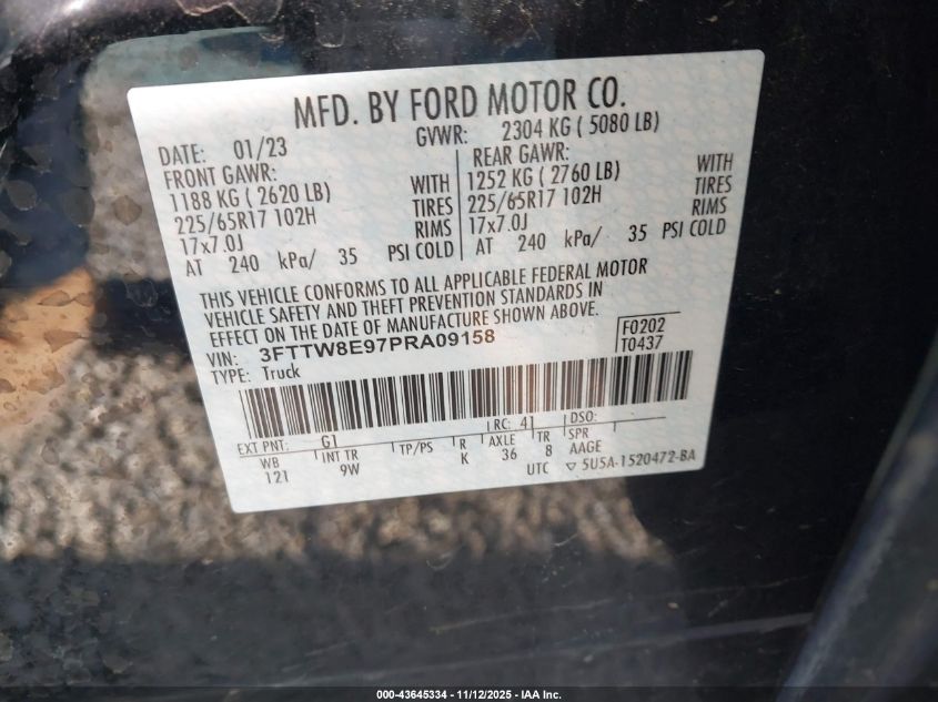 2023 Ford Maverick Xl VIN: 3FTTW8E97PRA09158 Lot: 43645334