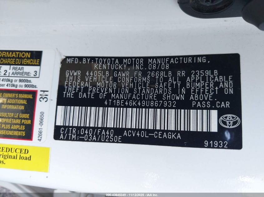 2009 Toyota Camry Xle VIN: 4T1BE46K49U867932 Lot: 43645349
