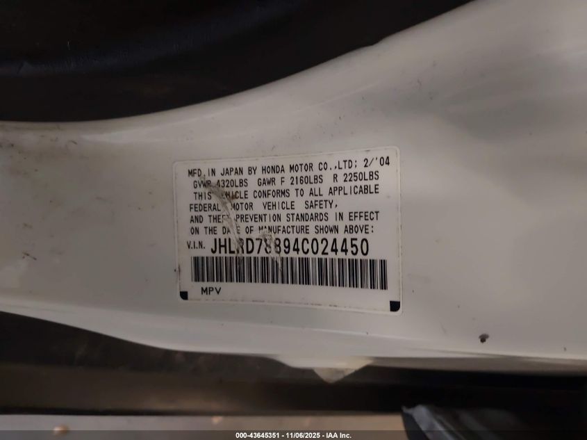 2004 Honda Cr-V Ex VIN: JHLRD78894C024450 Lot: 43645351