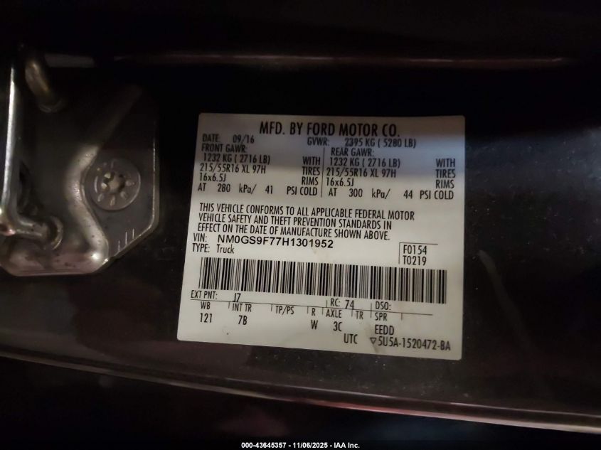 2017 Ford Transit Connect Xlt VIN: NM0GS9F77H1301952 Lot: 43645357