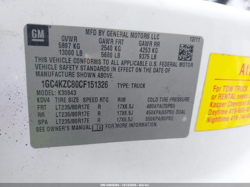 2012 Chevrolet Silverado 3500Hd Work Truck VIN: 1GC4KZC80CF151326 Lot: 43645364