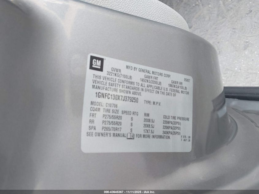 2007 Chevrolet Tahoe Lt VIN: 1GNFC130X7J379250 Lot: 43645367