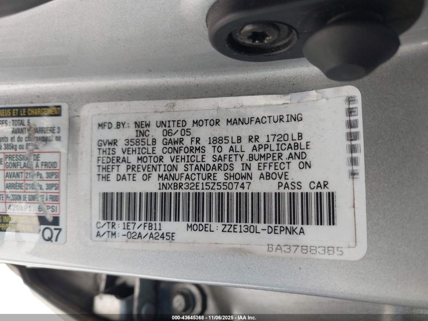 2005 Toyota Corolla Le VIN: 1NXBR32E15Z550747 Lot: 43645368