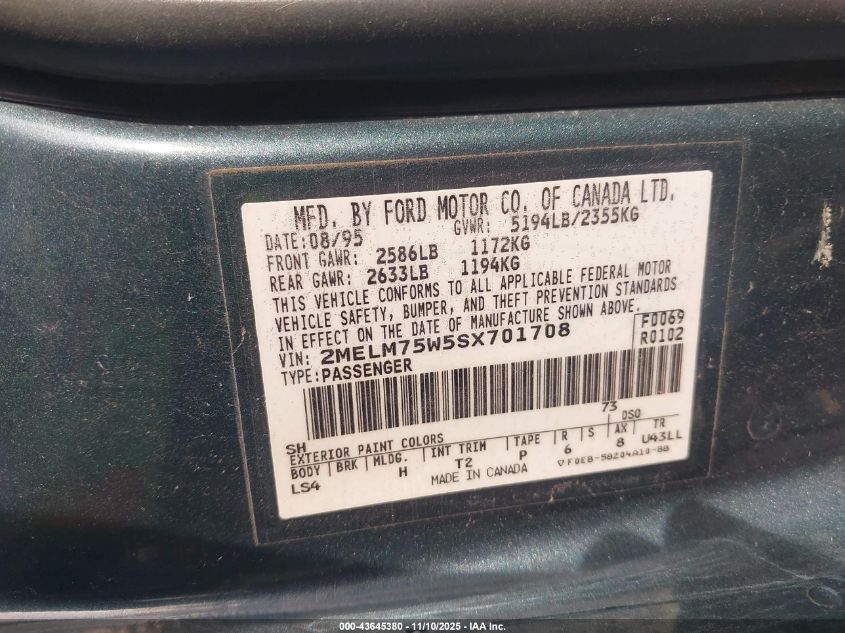 1995 Mercury Grand Marquis Ls VIN: 2MELM75W5SX701708 Lot: 43645380