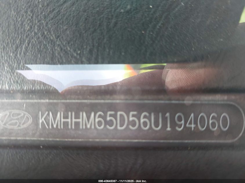 2006 Hyundai Tiburon Gs VIN: KMHHM65D56U194060 Lot: 43645387