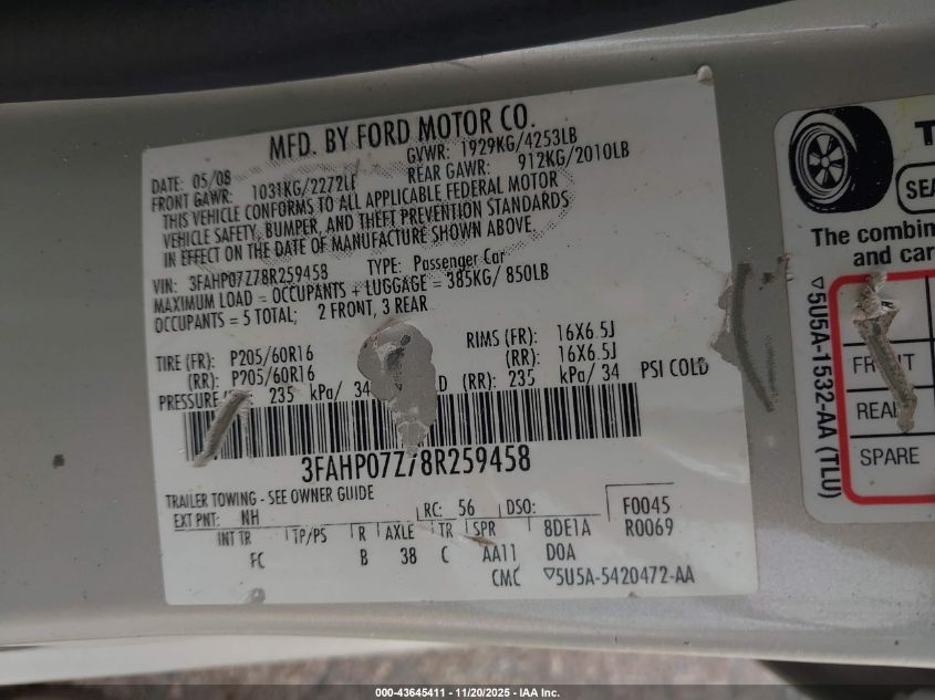 2008 Ford Fusion Se VIN: 3FAHP07Z78R259458 Lot: 43645411
