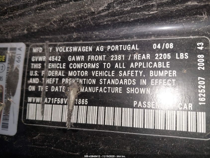 2008 Volkswagen Eos Komfort/Turbo VIN: WVWBA71F58V051865 Lot: 43645412