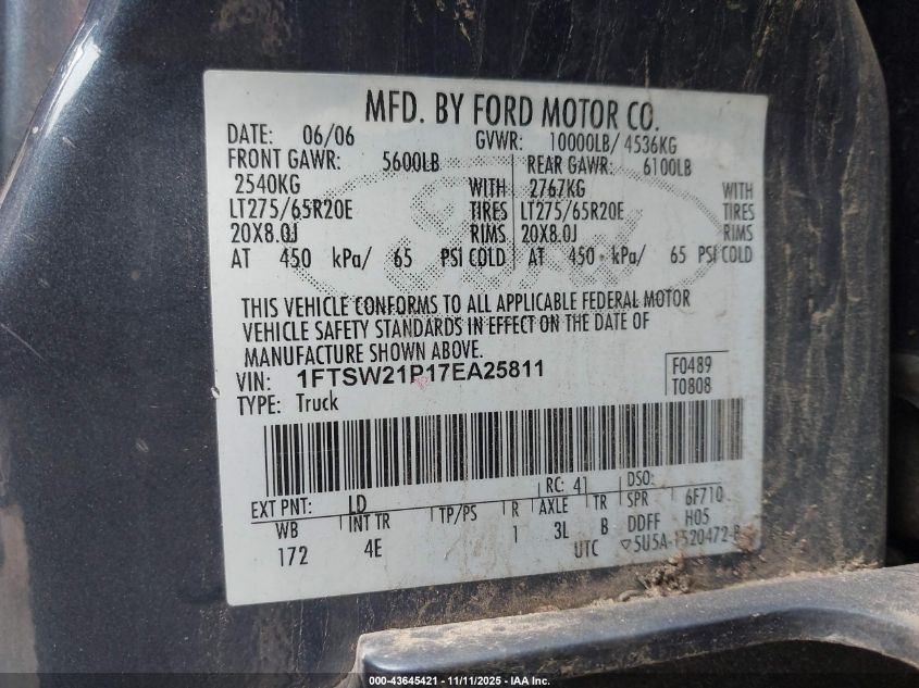 2007 Ford F-250 Lariat/Xl/Xlt VIN: 1FTSW21P17EA25811 Lot: 43645421